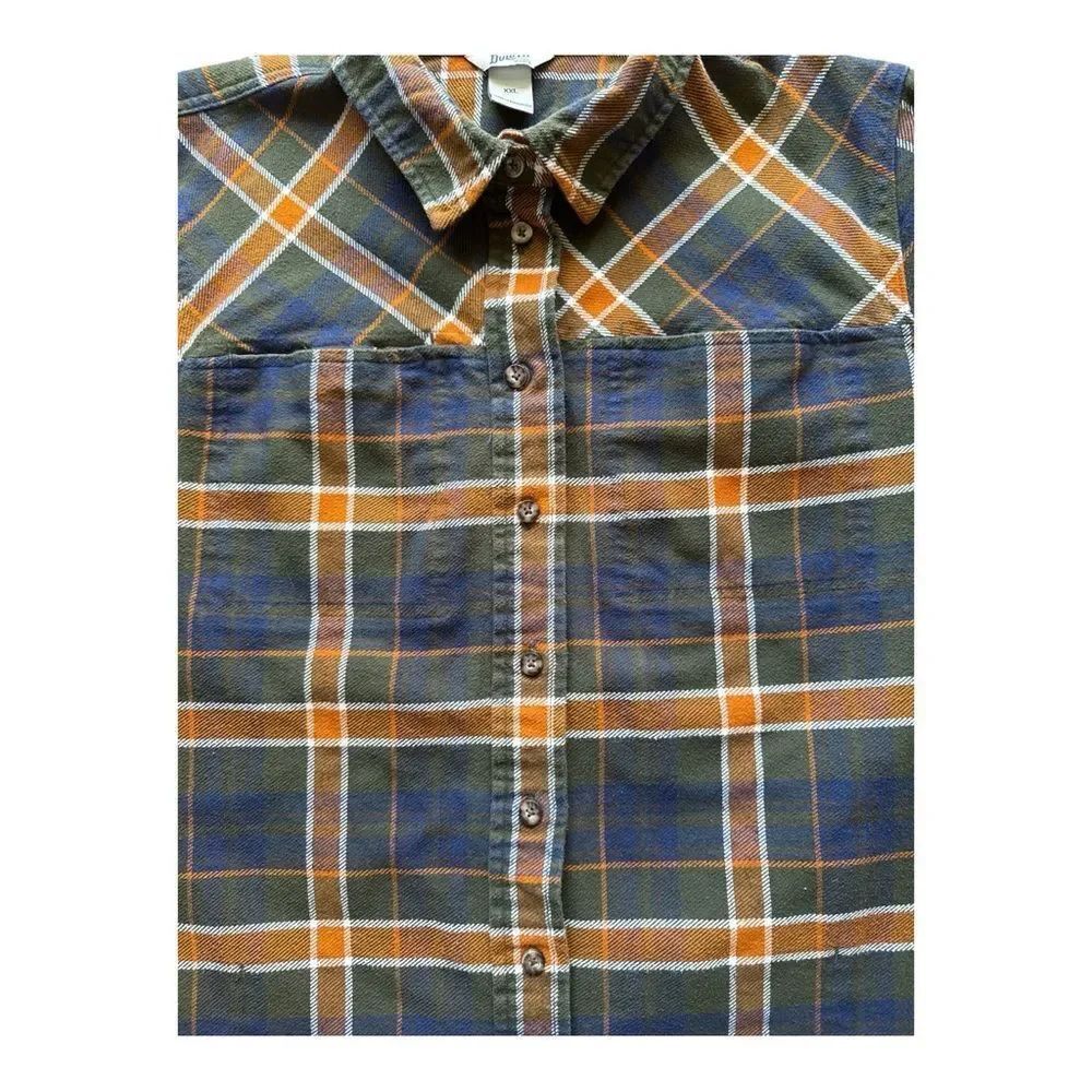Women’s Duluth Plaid Button-Up Shirt Jacket - Blue and Orange. Folklore Flannel - Picture 2 of 4